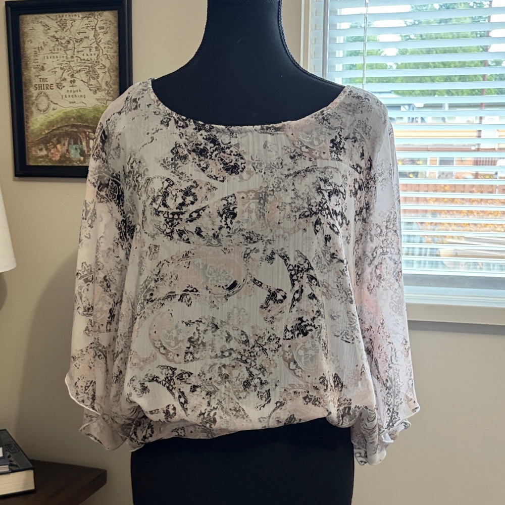 Stylish Women's Blouse - distressed Black and Pink Paisley Pattern